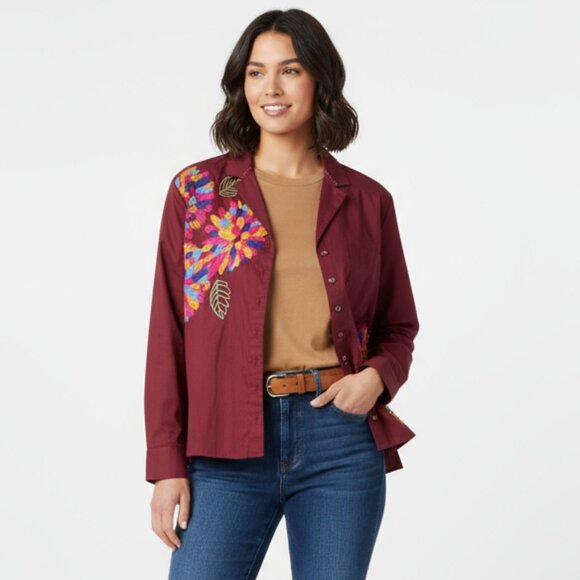 Anthropologie Red Embroidered Floral Button Front Long Sleeve Top by Maeve 6 - Picture 1 of 9